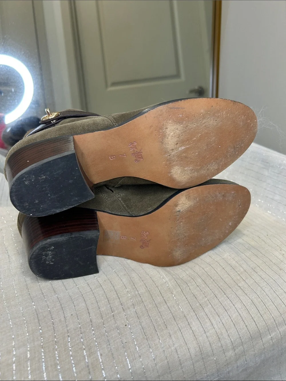 Coach Patricia Suede Ankle Booties – Fatigue Green / Chestnut